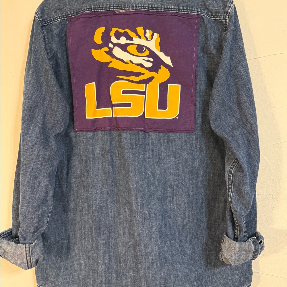 OOAK HANDMADE UPCYCLED LSU GRAPHIC ON SOFT DENIM BUTTON DOWN SHIRT SZ L